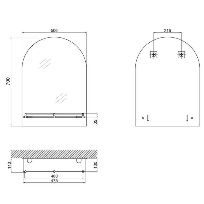 Настенное зеркало Zerix LAGUNA MRZ03-50x70x11 прямоугольное с дугообразным верхом и полкой.