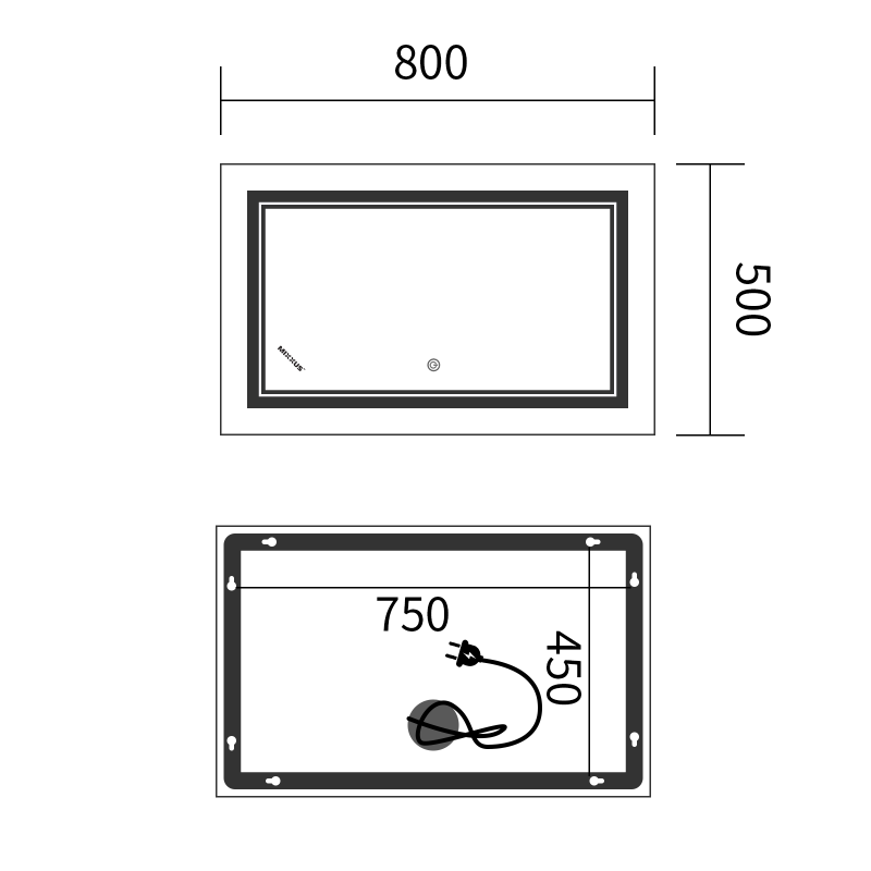 Зеркало Mixxus Premium QUADRO MR20-50x80-Reverse с Led Touch, Anti-fog, димером, регулятором яркости