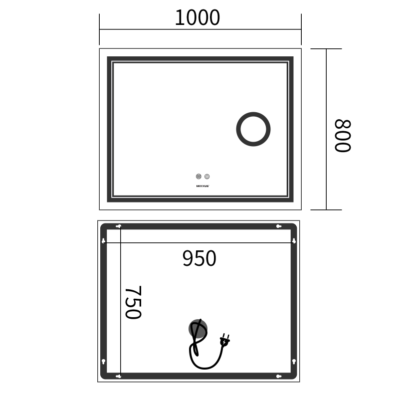 Зеркало Mixxus Premium QUADRO MR20-100x80 с Led Touch, Anti-fog, димером, регулятором яркости, линзой