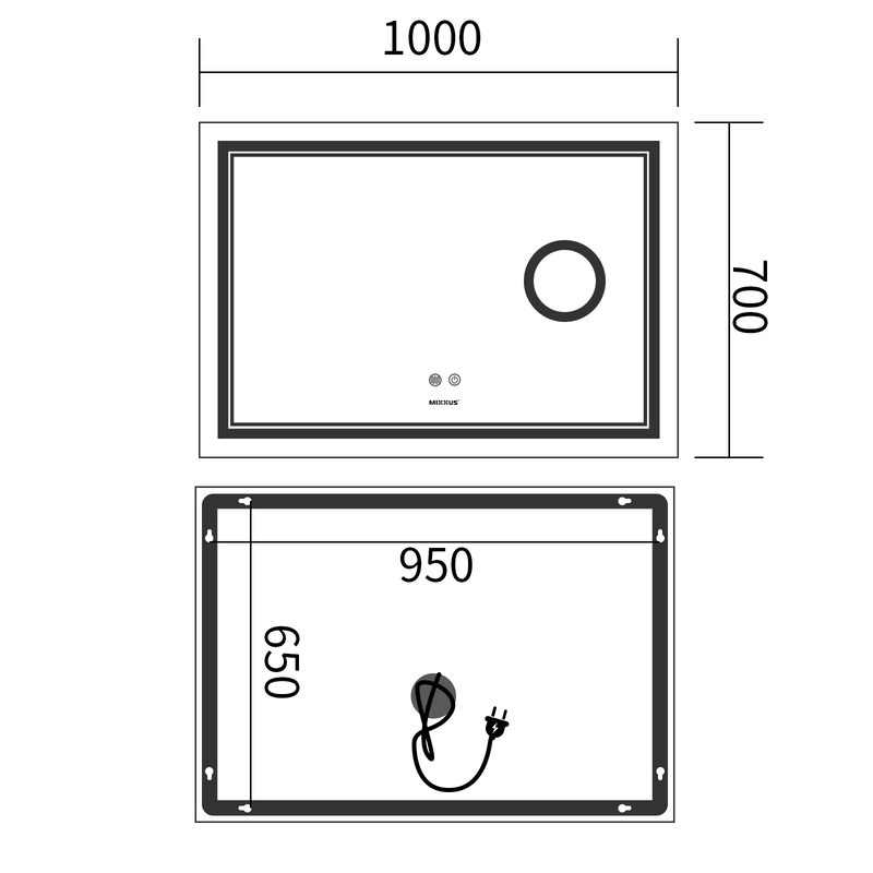 Зеркало Mixxus Premium QUADRO MR20-100x70 с Led Touch, Anti-fog, димером, регулятором яркости, линзой