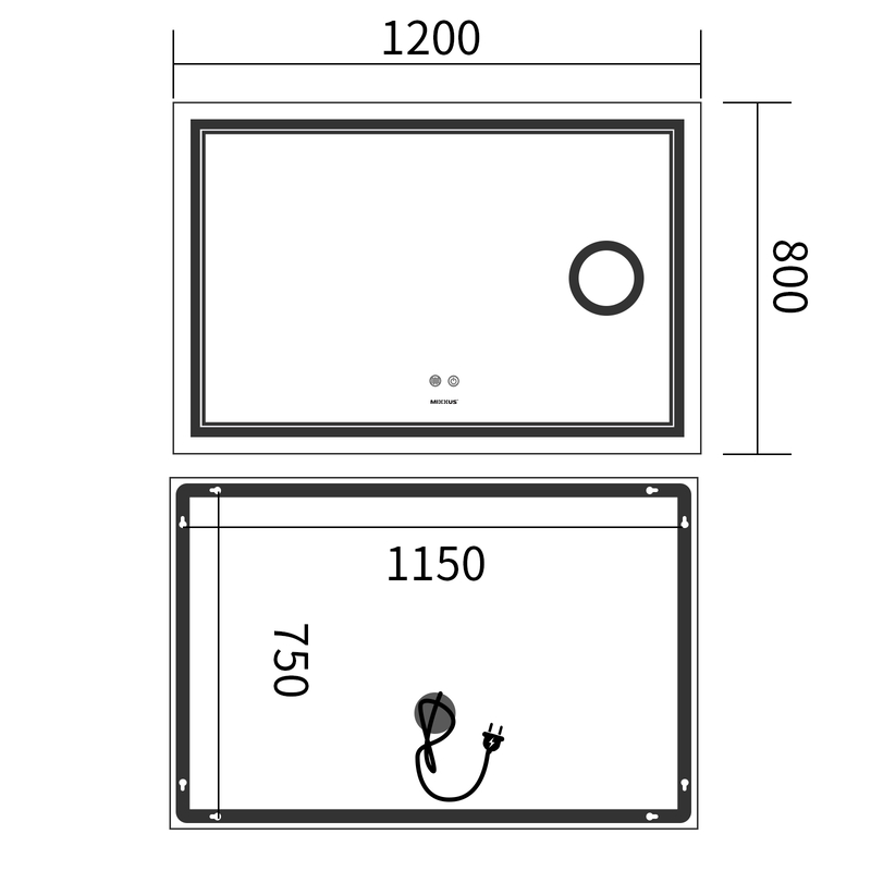 Зеркало Mixxus Premium QUADRO MR20-120x80 с Led Touch, Anti-fog, димером, регулятором яркости, линзой