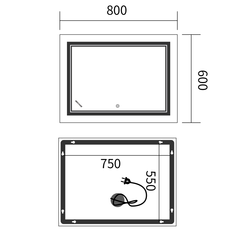 Дзеркало Mixxus Premium QUADRO MR20-80x60-Reverse з Led Touch, Anti-fog, димером, регулятором яскравості 