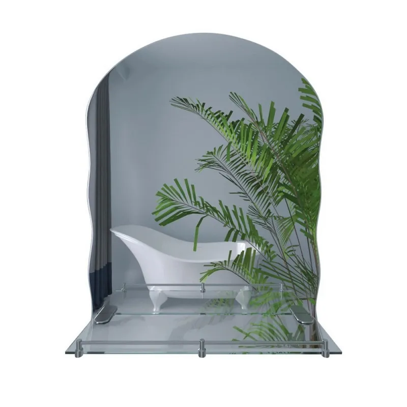 Зеркало настенное Zerix MIRRA MRZ02-45x60x10 прямоугольное с дугообразным верхом, фигурными боками и полкой.