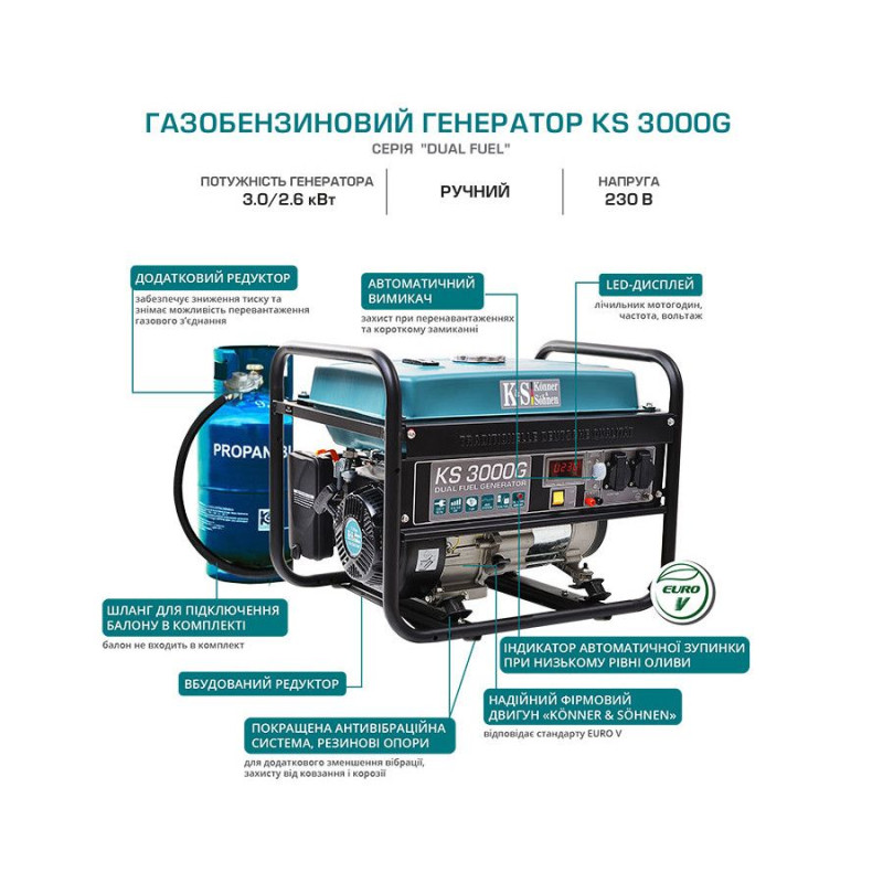 Газобензиновий генератор 3 кВт Konner & Sohnen KS 3000G