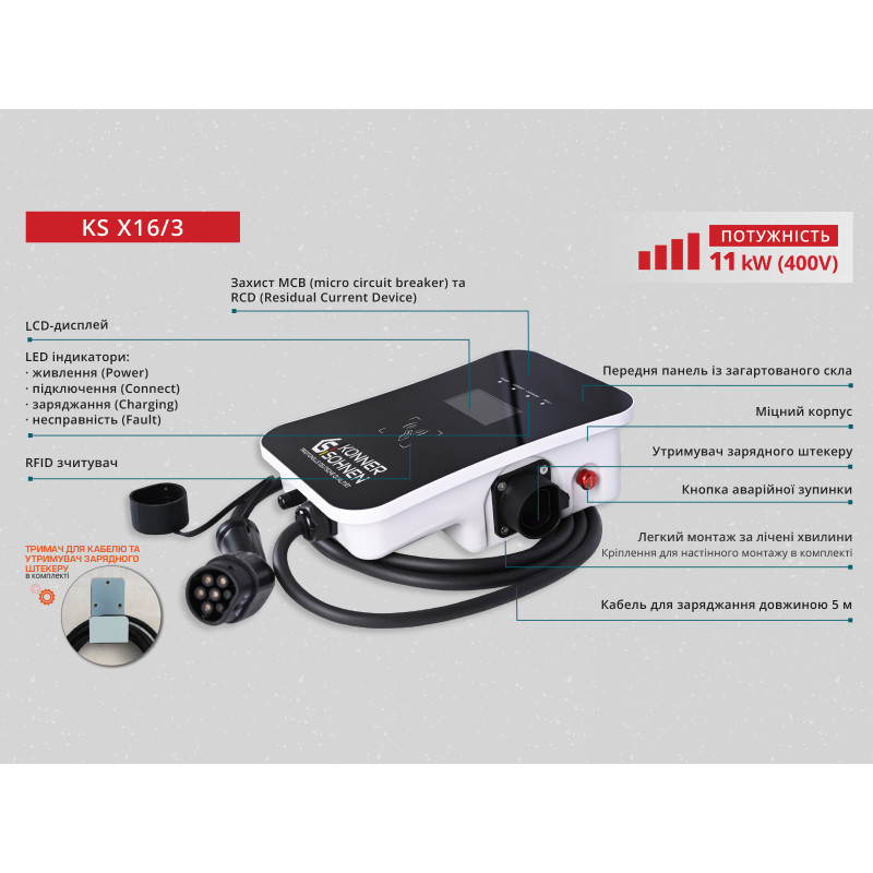 Станція для зарядки електромобілів 11 кВт Konner & Sohnen KS X16/3