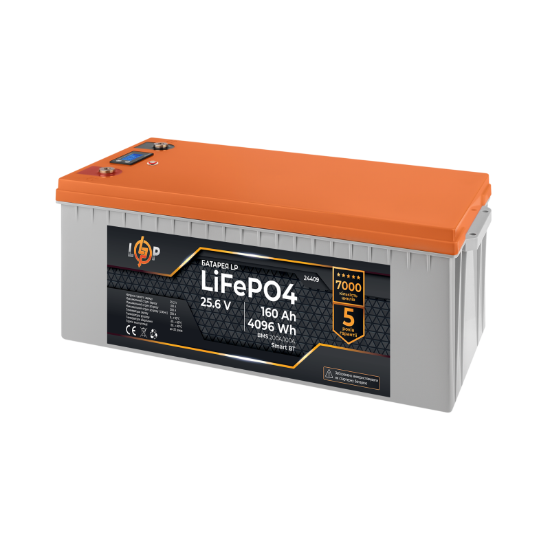 Акумулятор LP LiFePO4 25,6V - 160 Ah (4096Wh) (BMS 200A/100А) пластик LCD Smart BT