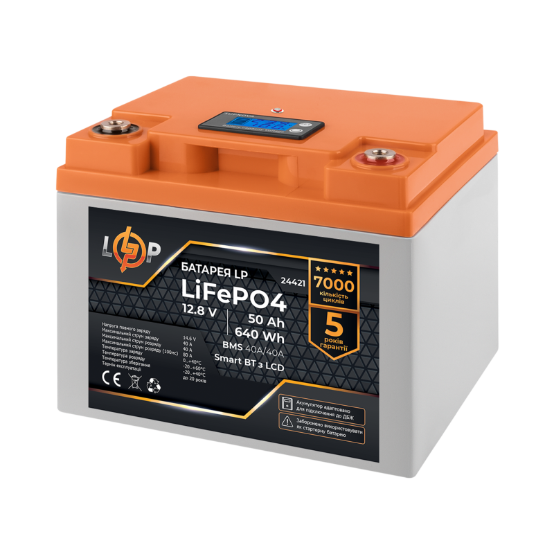 Акумулятор LP LiFePO4 12,8V - 50 Ah (640Wh) (BMS 40A/40А) пластик LCD Smart BT
