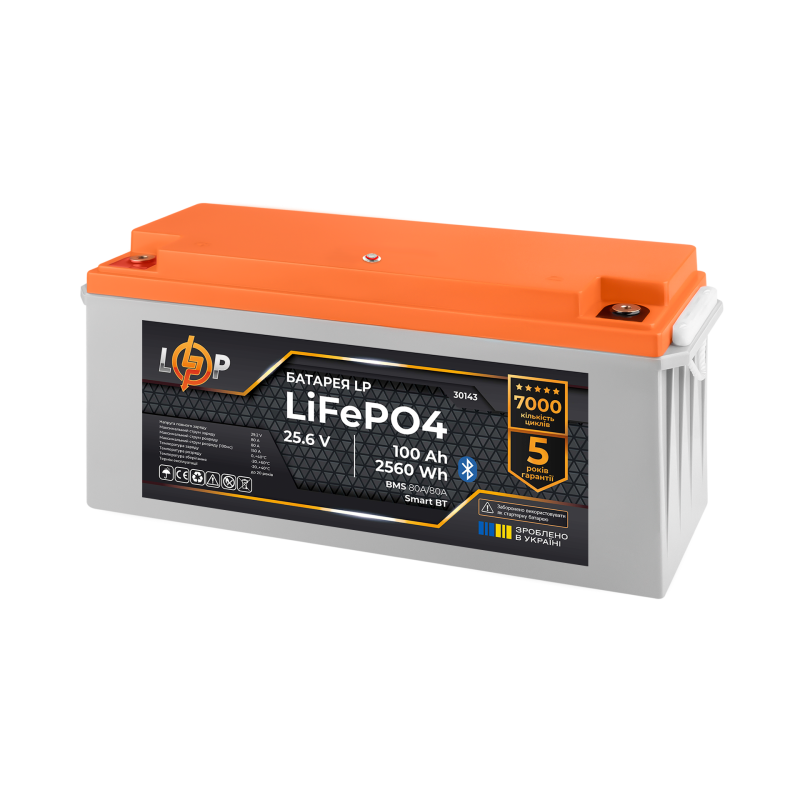 Аккумулятор LP LiFePO4 25,6V - 100 Ah (2560Wh) (BMS 80A/50А) пластик Smart BT