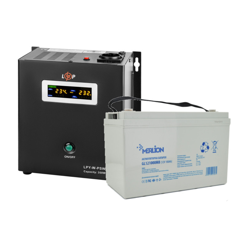 Комплект резервного живлення ДБЖ LPY-W-PSW-500VA+ (350Вт) 5A/10A  +  Акумулятор гелевий 100 Ah MERLION