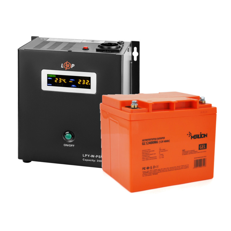 Комплект резервного живлення ДБЖ LPY-W-PSW-500VA+ (350Вт) 5A/10A  +  Акумулятор гелевий 40 Ah MERLION