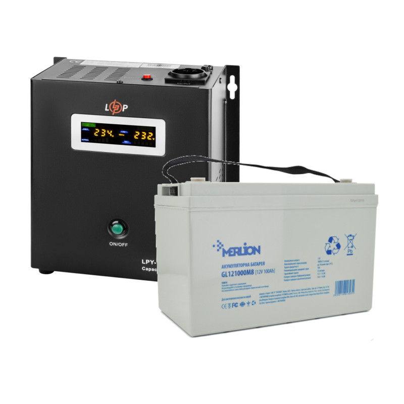 Комплект резервного живлення ДБЖ LPY-W-PSW- 800VA+ (560Вт) 5A/15A  +  Акумулятор гелевий 100 Ah MERLION