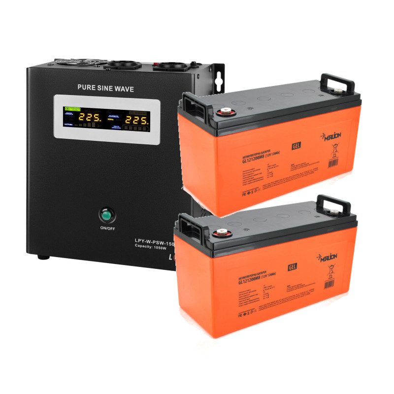 Комплект резервного живлення ИБП LPY-W-PSW-1500VA+ (1050Вт) 10A/15A 24V + 2 гелеві батареї Merlion  150 Ah (А-г)