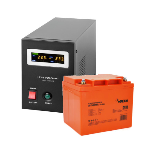 Комплект безперебійного живлення для котла ДБЖ  LPY-B-PSW- 500VA+ (350Вт) 5A/10A  + Акумулятор гелевий 40 Ah MERLION