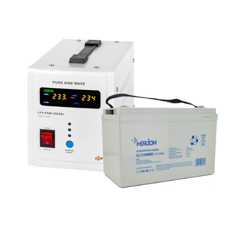 Комплект безперебійного живлення ДБЖ  LPY-PSW- 500VA+ (350Вт) 5A/10A  +  Акумулятор гелевий 100 Ah MERLION GL121000M8 12V