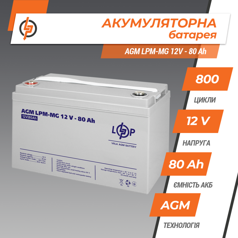 Акумулятор мультигелевий 80 Ah (ампер-годин) LogicPower AGM LPM-MG 12V
