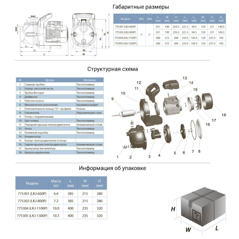 Leo LKJ-602P (775301) - 0.6кВт Hmax 35м Qmax 50л/мин - Насос центробежный самовсасывающий