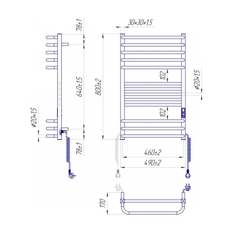 Рушникосушка електрична Гера-Люкс-I 800х500/170 TR К