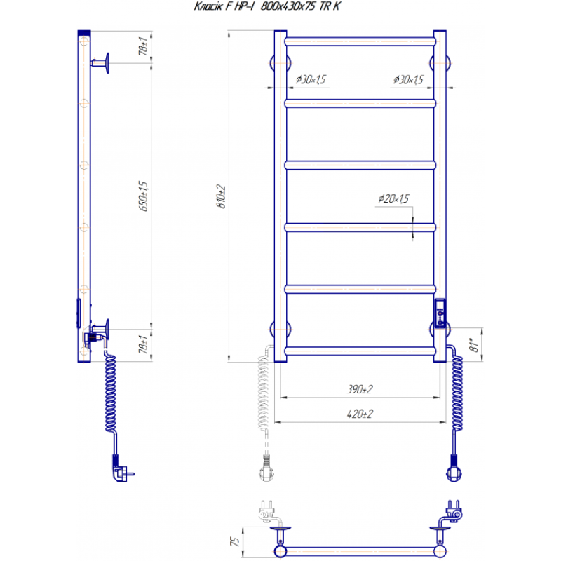 Полотенцесушитель электрический Классик F НР-I 800х430/75 TR K