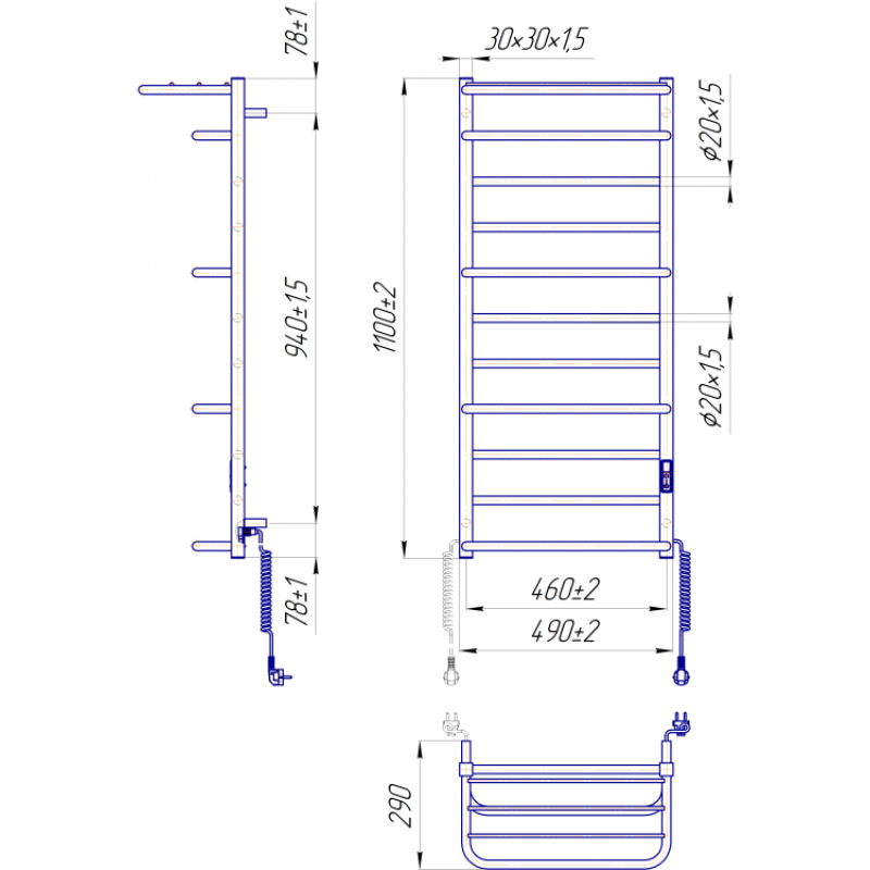 Полотенцесушитель электрический Люксор-I 1100х500/290 TR К