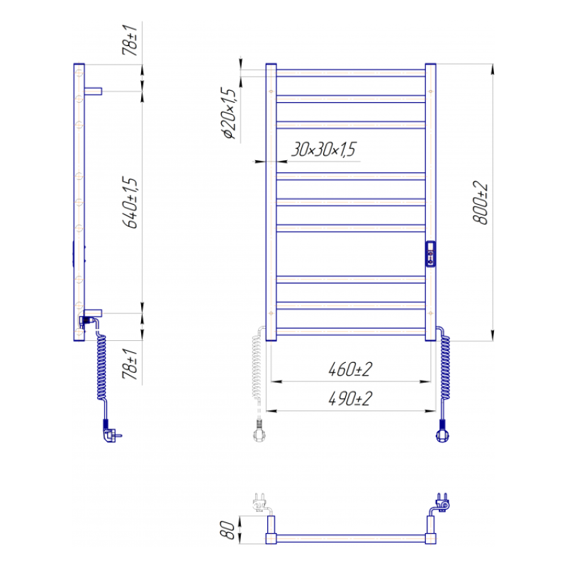 Рушникосушка електрична Преміум Класік-I 800х500/80 TR К