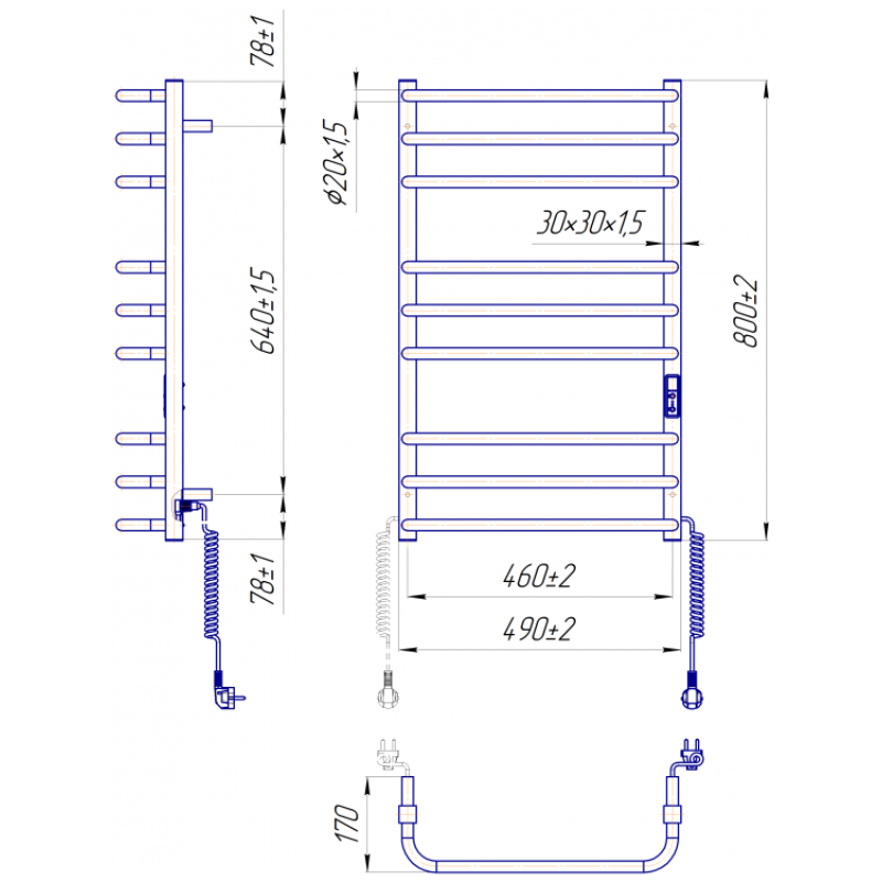 Рушникосушка електрична Преміум Стандарт-I 800х500/170 TR К