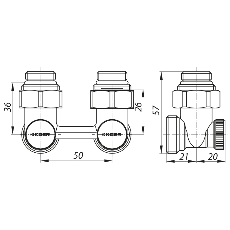 Кран нижнего подключения радиатора Koer KR.1132 3/4'' (KR2816) угловой