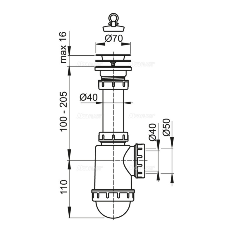 Сифон для мойки Alcaplast A441-DN50/40 с нержавеющей решеткой DN70