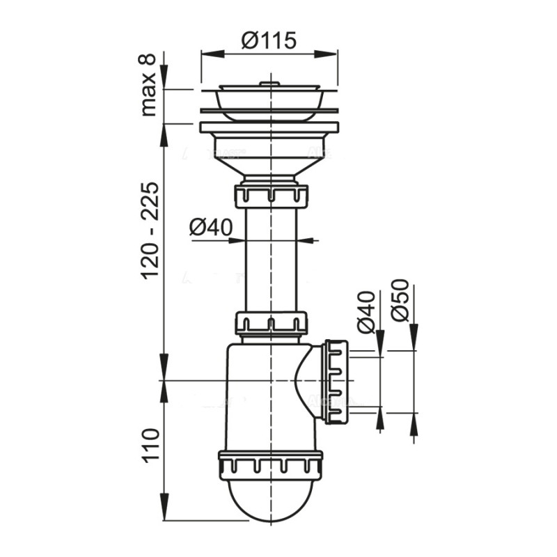 Сифон для мойки Alcaplast A446-DN50/40 с нержавеющей решеткой DN115