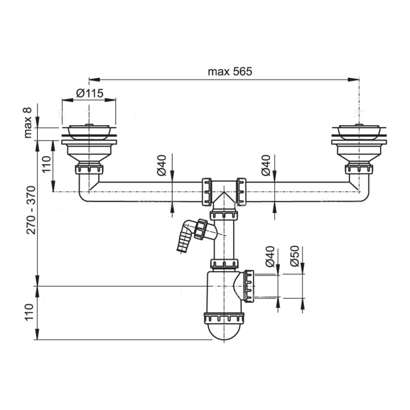 Сифон для здвоєної мийки Alcaplast A453P з нержавіючими решітками DN115 та штуцером
