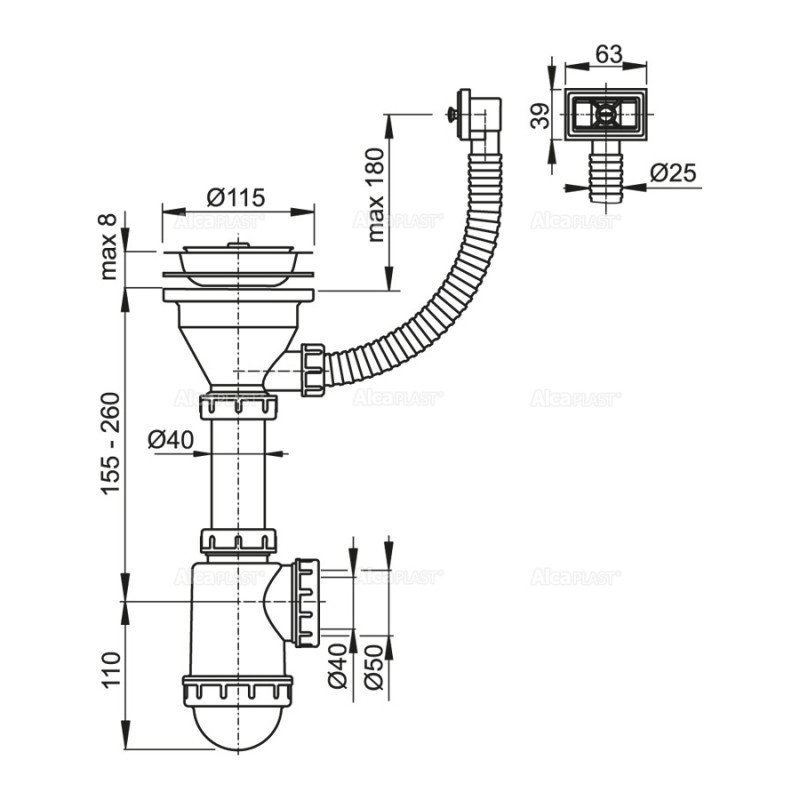 Сифон для мийкі Alcaplast A447-DN50/40 з нержавіючої решіткою DN115 та гофропереливом