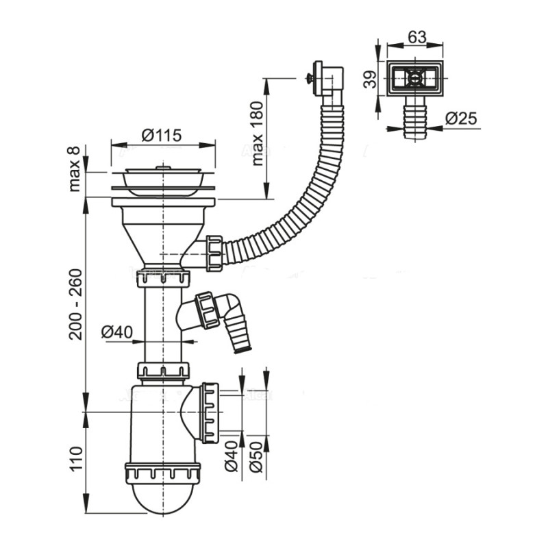Сифон для мийки Alcaplast A447P-DN50/40 з нержавіючої решіткою DN115, гофропереливом та штуцером