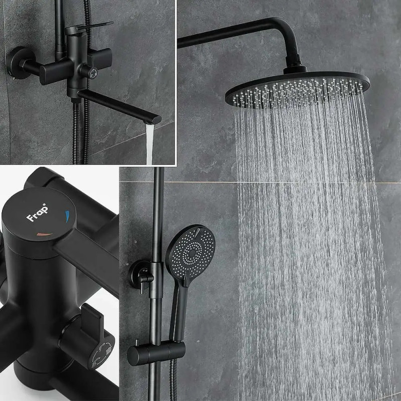 Душевая система Frap F2467-6 с поворотным изливом (3-х функциональная, лататунь, Ø35, черный)