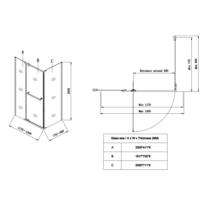 Душевая кабина Koer SR SC01-120x80x200-TR-01 Easy Clean 8мм, без поддона, прозрачное стекло, хром