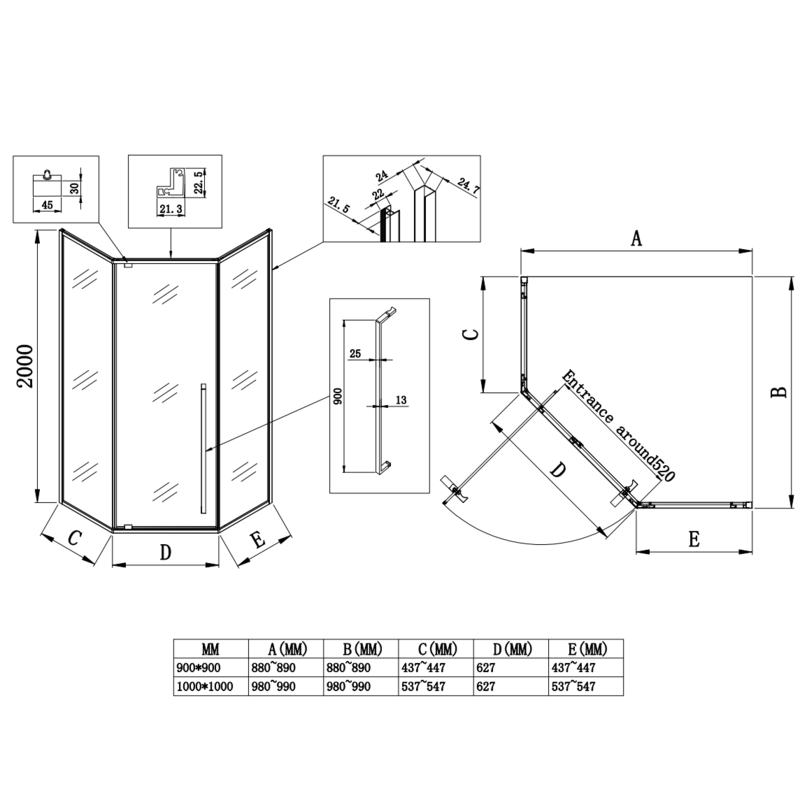 Душова кабіна Koer SR SC06-90x90x200-TR-07 Easy Clean 8мм, без піддону, прозоре скло, графіт 