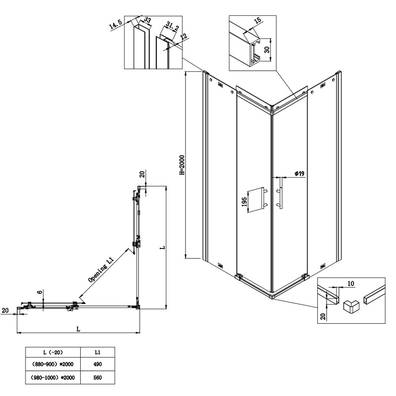 Душова кабіна Koer SR SC03-90x90x200-TR-02 Easy Clean 6мм SS Color, без піддону, прозоре скло 