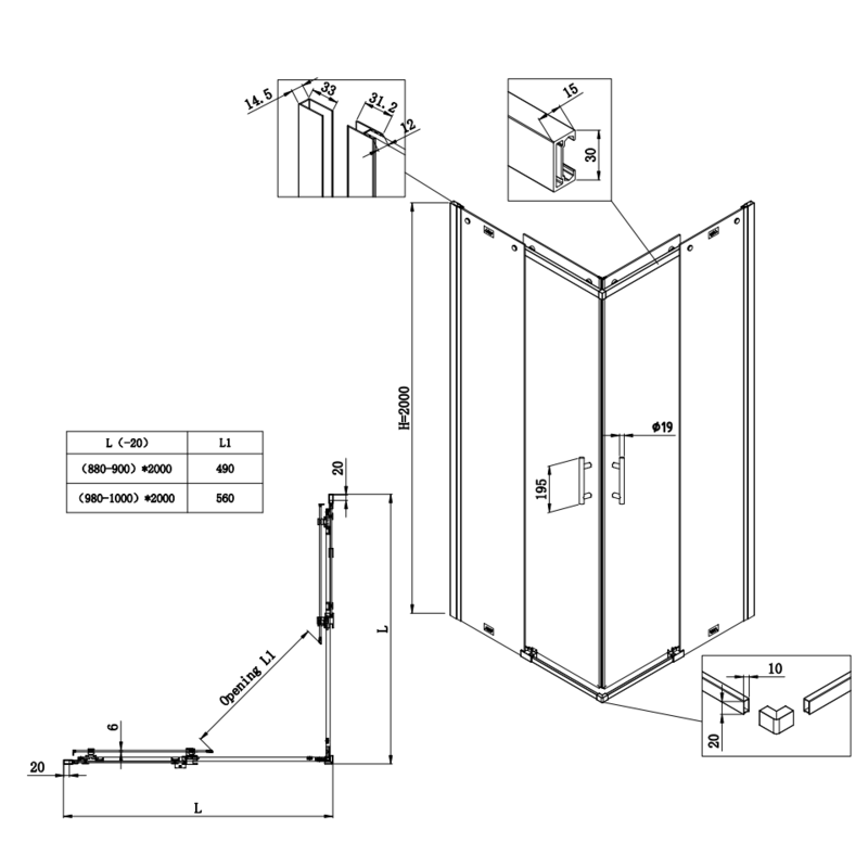 Душова кабіна Koer SR SC03-90x90x200-TR-12 Easy Clean 6мм, без піддону,  прозоре скло, матове золото 