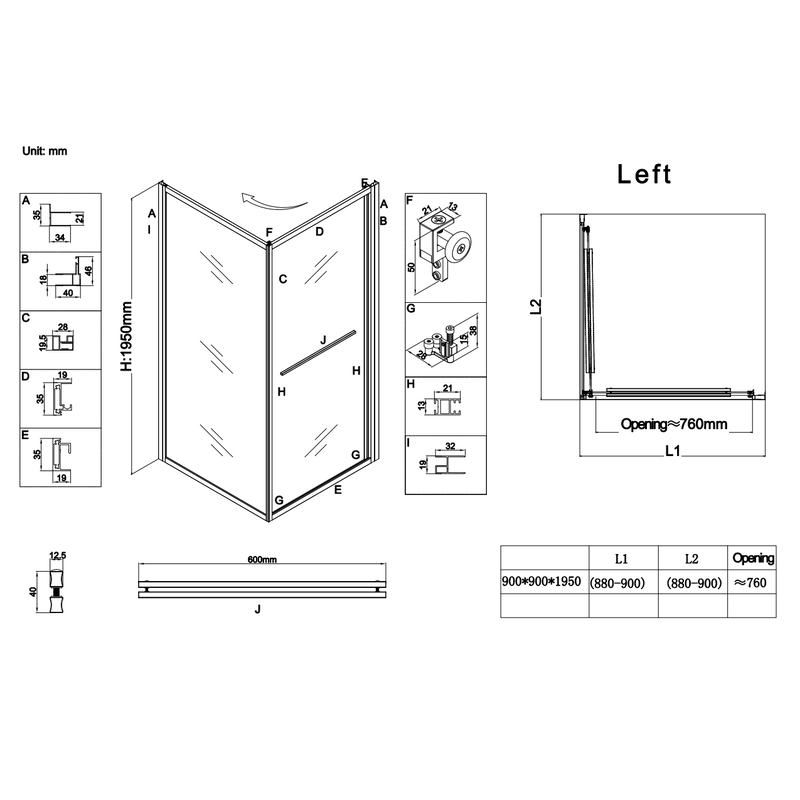 Душова кабіна Koer SR SC09-90x90x200-L-TR-12  Easy Clean 6мм,  без піддону, прозоре скло, матове золото 