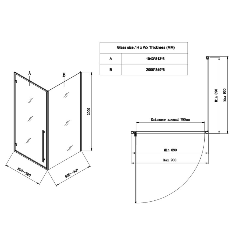 Душова кабіна Koer SR SC08-90x90x200-TR-01 Easy Clean 6мм, без піддону, прозоре скло, хром 