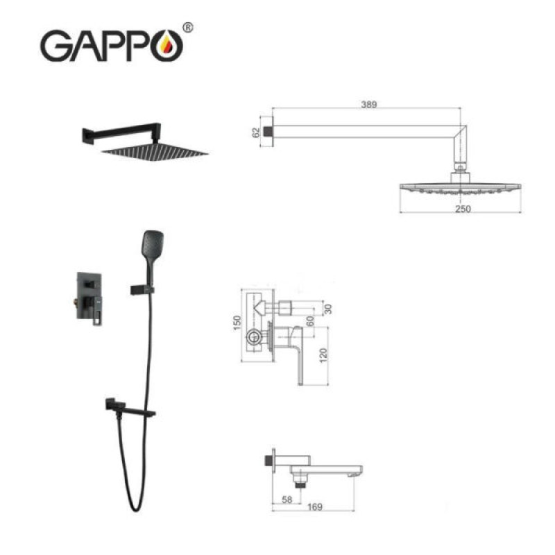 Gappo G7117-6 – Вбудований змішувач для ванни чорного кольору