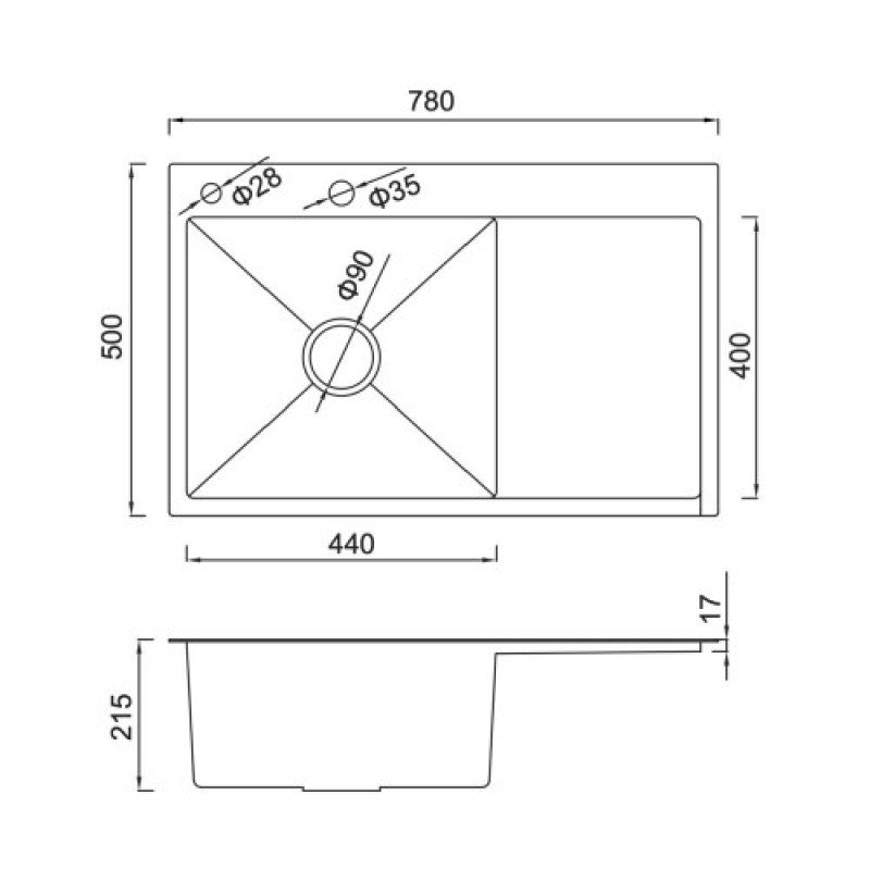 Кухонна накладна мийка GAPPO GS7850-6L (780x500 мм, поверхня PVD, чаша ліва)