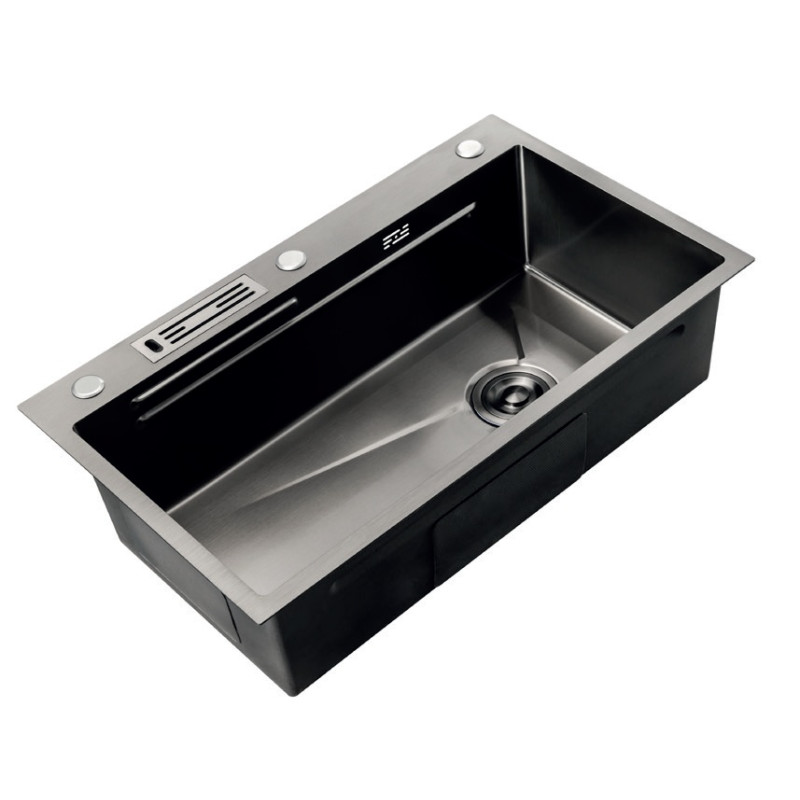 Мийка кухонна Mixxus Premium MH7545-SET-05 NANO-BLACK 3.0/0.8 комплект (підставка для ножів, кошик для сушіння,обробна дошка, сифон)