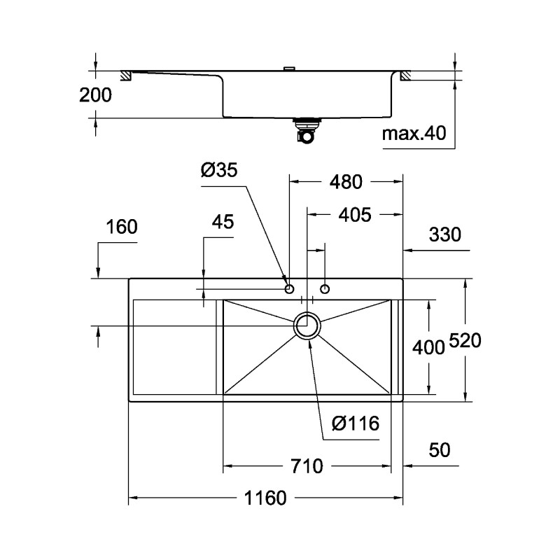 Мийка кухонна Grohe EX Sink K1000 подвійне крило зліва 