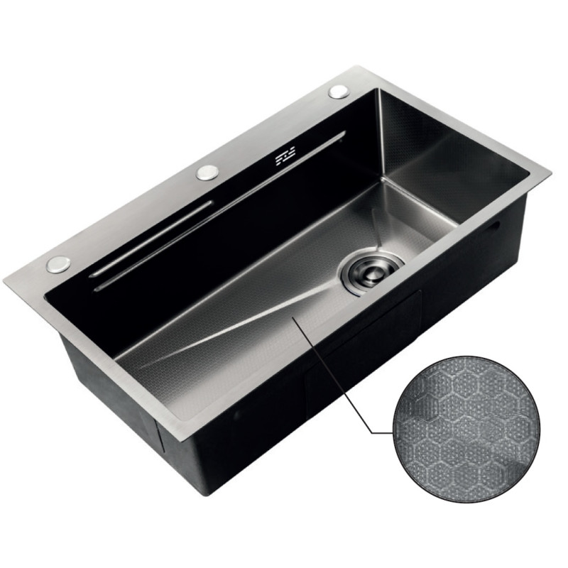 Кухонная мойка Zerix ZH7545-SET-05 DECOR NANO-BLACK (3.0/0.8) комплект с корзиной для сушки, разделочная доска, сифон