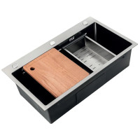 Мийка кухонна Zerix ZH7545-SET-05 DECOR NANO-BLACK (3.0/0.8) комплект з кошиком для сушіння, обробна дошка, сифон