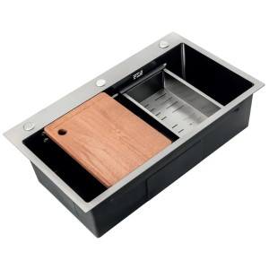 Мийка кухонна Zerix ZH7545-SET-05 DECOR NANO-BLACK (3.0/0.8) комплект з кошиком для сушіння, обробна дошка, сифон