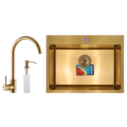 Мийка кухонна Mixxus SET-6045-200x1.0-PVD-Gold комплект з мийки, змішувача, диспенсера 