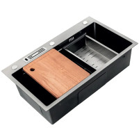 Мийка кухонна Mixxus Premium MH7545-SET-05 NANO-BLACK 3.0/0.8 комплект (підставка для ножів, кошик для сушіння,обробна дошка, сифон)