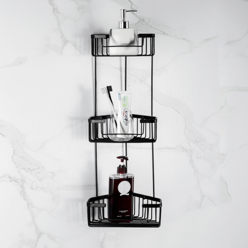 Угловая тройная полка с крючками Frap F351-26 (нержавейка, черная)