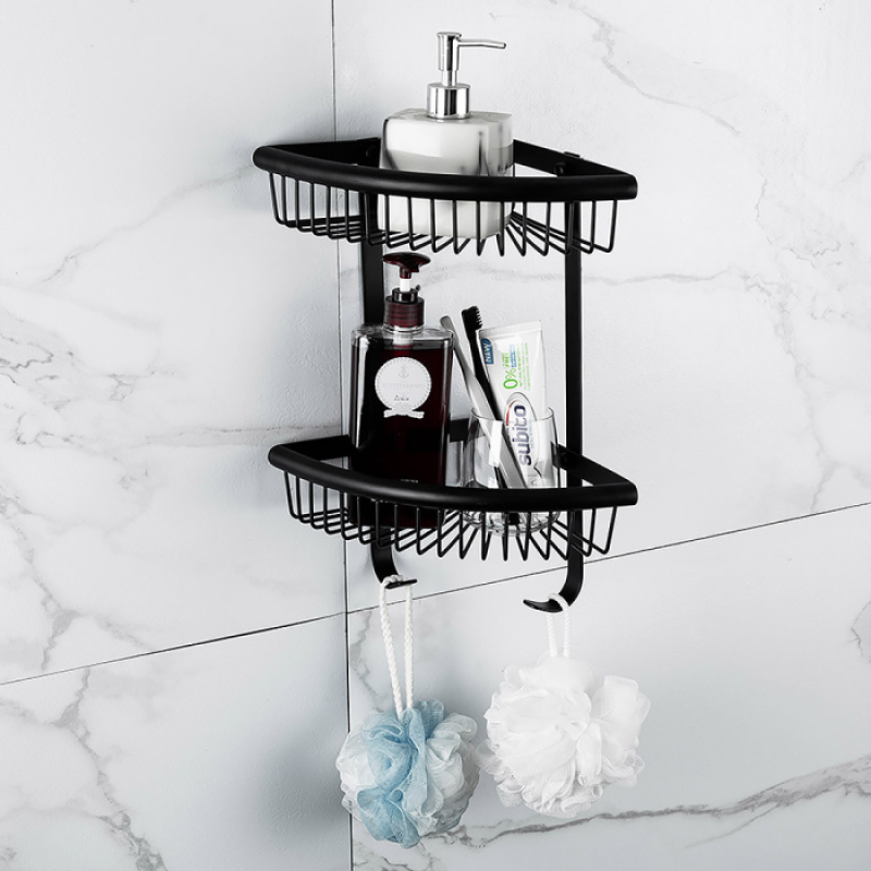 Кутова подвійна полка з гачками Frap F352-16 (нержавіюча сталь, чорна)