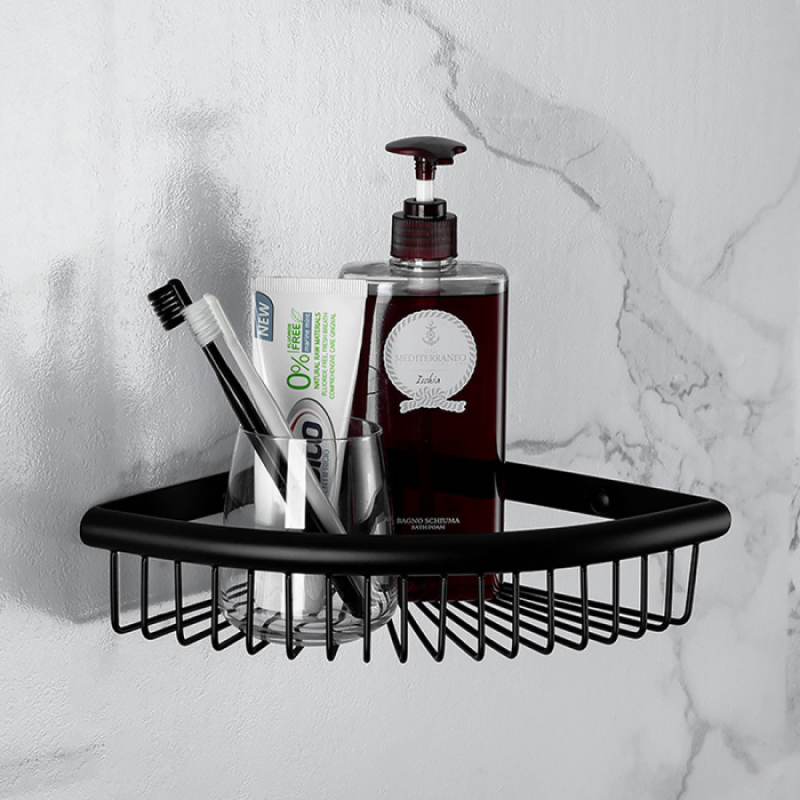 Угловая одинарная полка с крючками Frap F352-6 (нержавеющая сталь, черная)